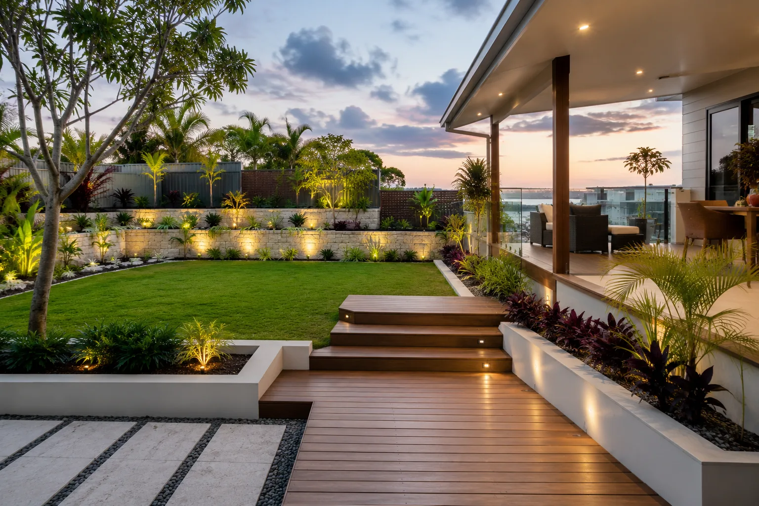 Backyard deck and pool with tropical garden at sunset